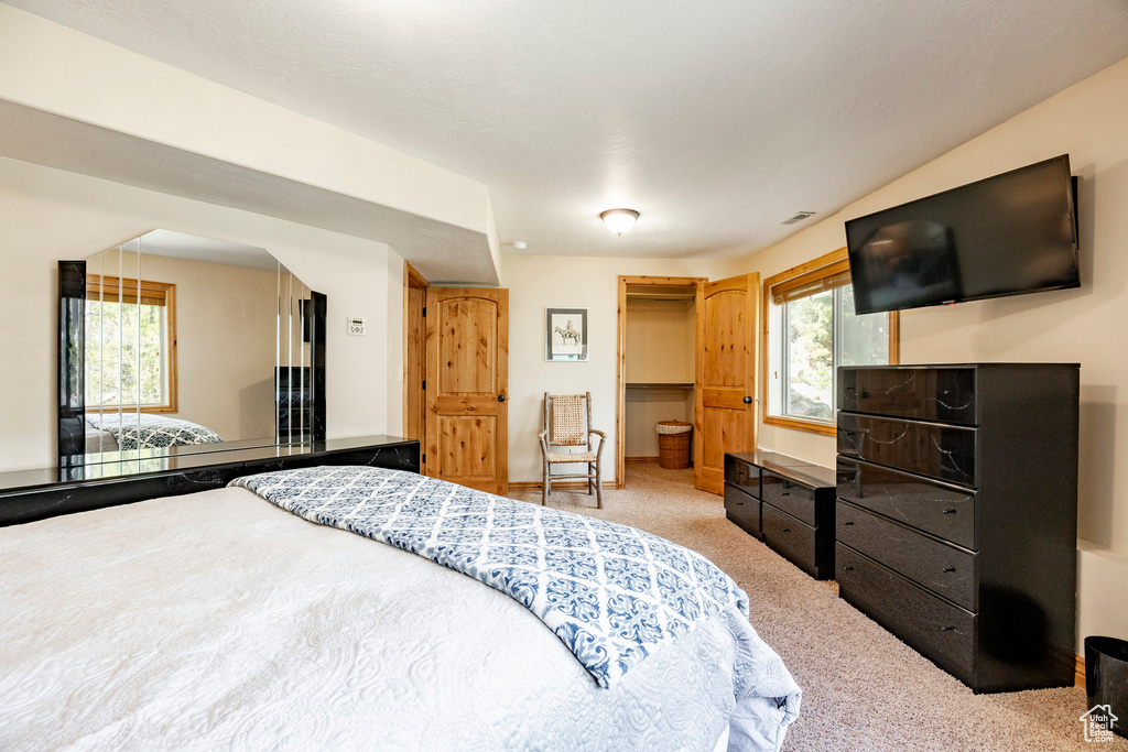 Carpeted bedroom with a walk in closet and a closet