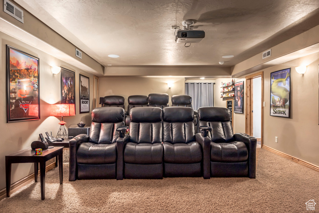 Home theater room featuring light carpet, baseboards, and a textured ceiling