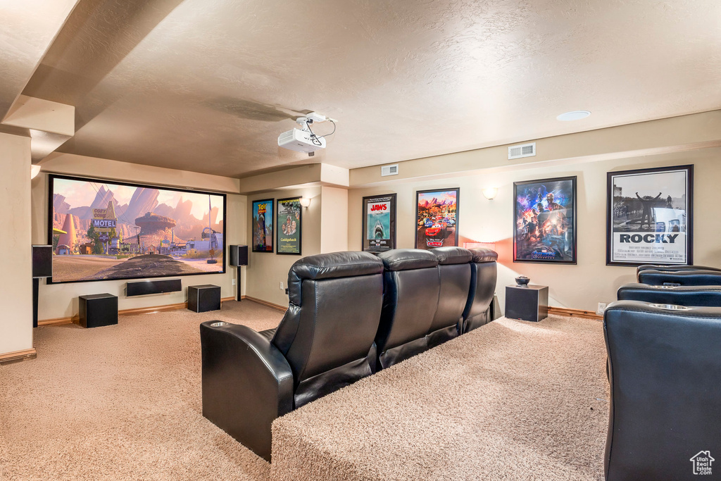 Home theater featuring carpet flooring, baseboards, and a textured ceiling