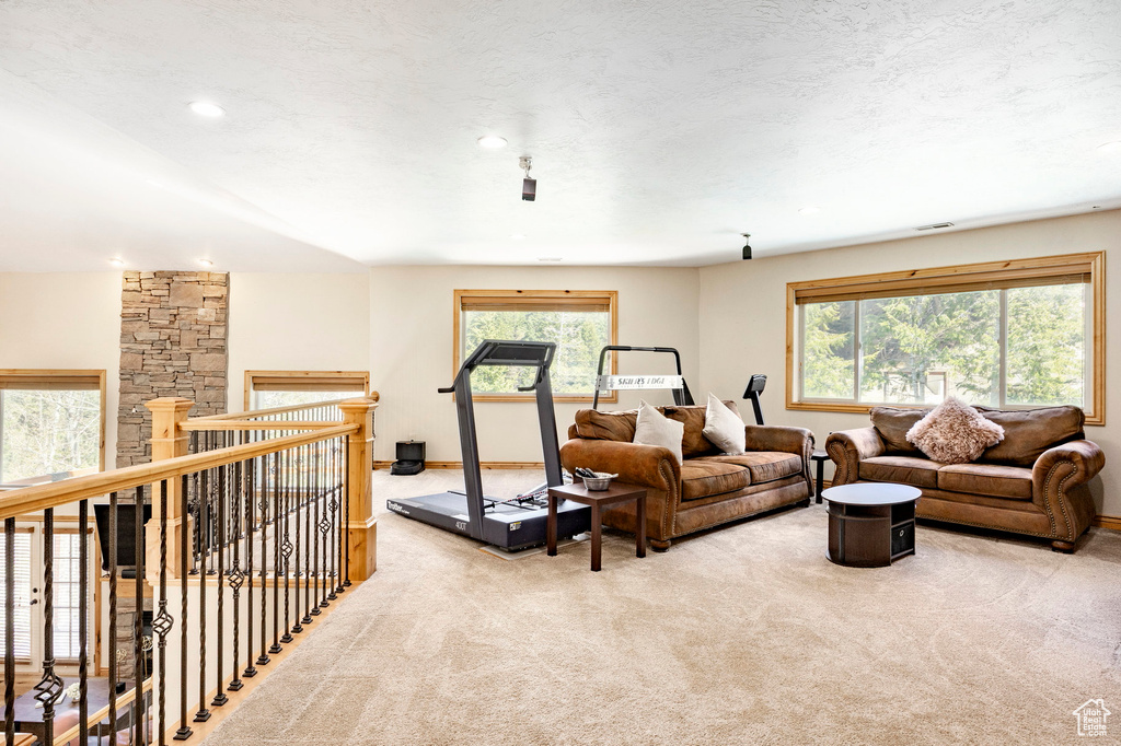 Carpeted living room featuring recessed lighting