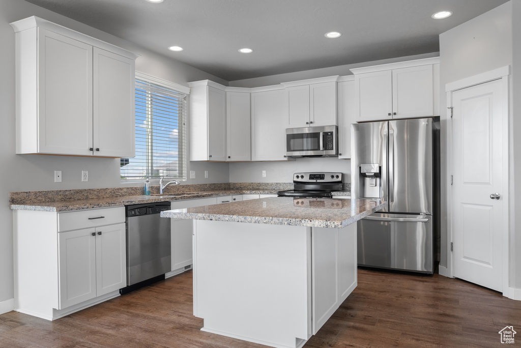 Kitchen featuring stainless steel appliances, white cabinets, recessed lighting, dark wood-type flooring, and a sink