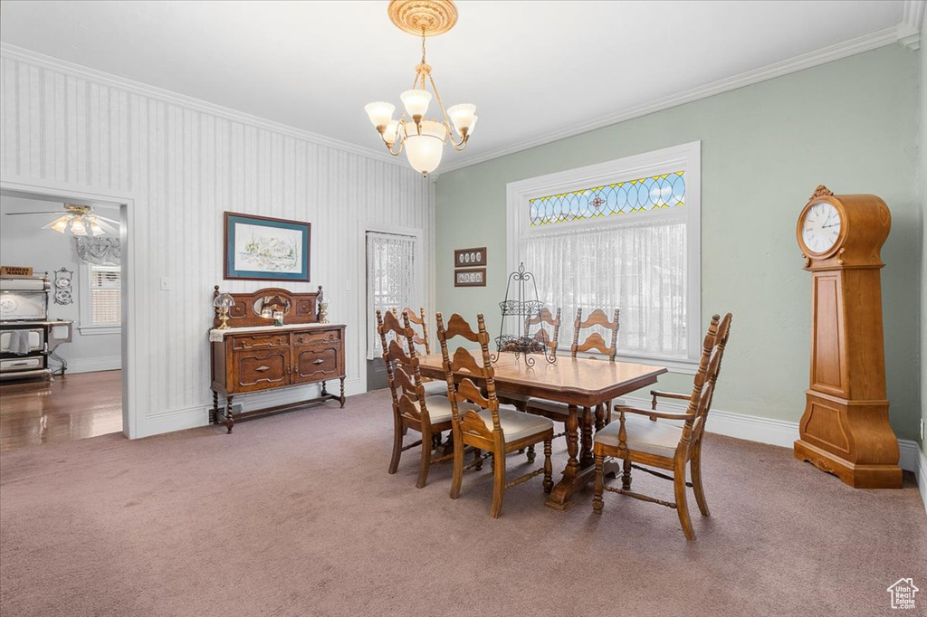 Dining area featuring ceiling fan with notable chandelier, carpet floors, crown molding, and a wealth of natural light