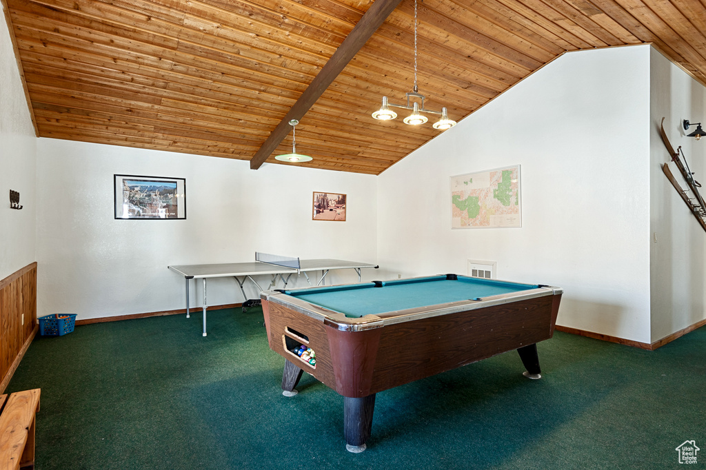 Recreation room with lofted ceiling, wooden ceiling, carpet flooring, and baseboards
