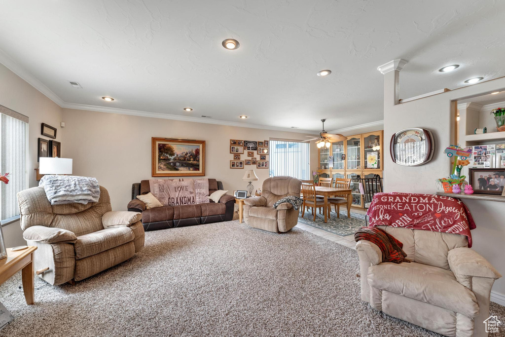 Living room with carpet, ceiling fan, and ornamental molding