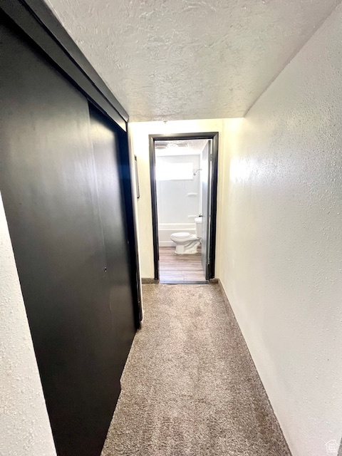 Hall featuring light colored carpet, a textured ceiling, and a textured wall