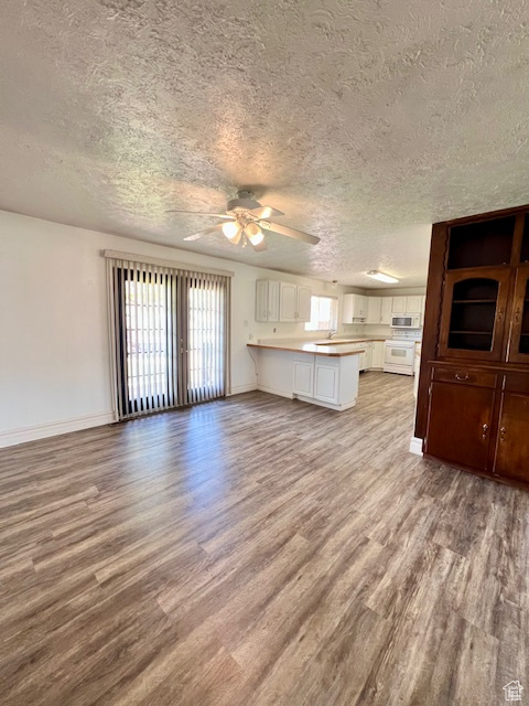 Unfurnished living room with a textured ceiling, wood finished floors, healthy amount of natural light, a ceiling fan, and baseboards