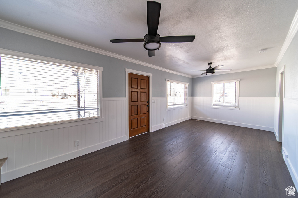 Interior space with a textured ceiling, ceiling fan, dark hardwood / wood-style floors, and crown molding