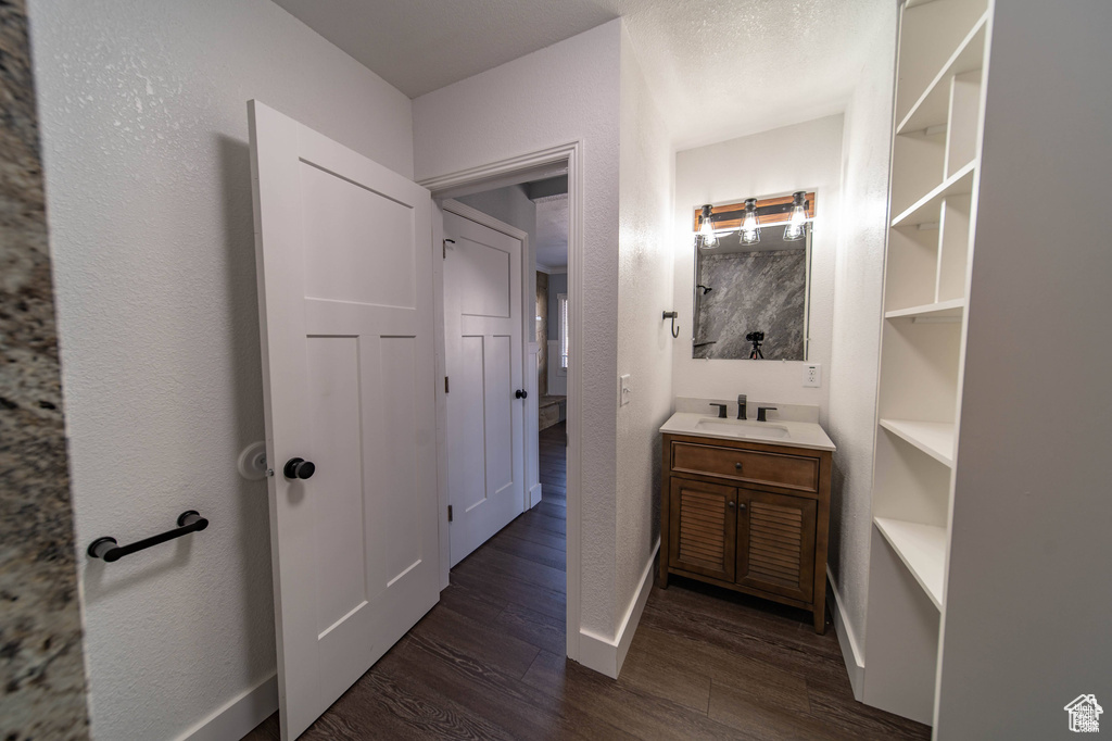 Bathroom featuring hardwood / wood-style floors, vanity, and built in shelves