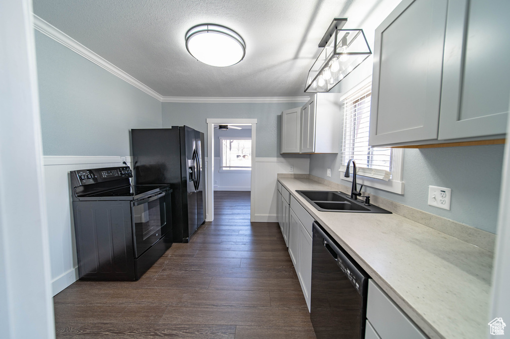 Kitchen featuring dark wood-type flooring, black appliances, crown molding, sink, and white cabinetry