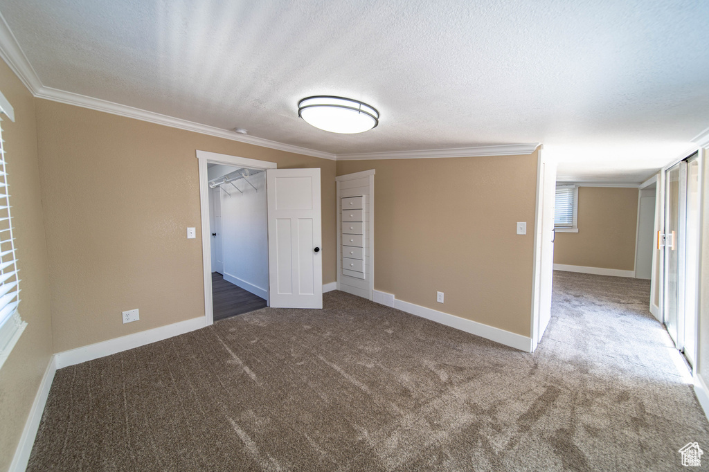 Carpeted empty room with crown molding and a textured ceiling