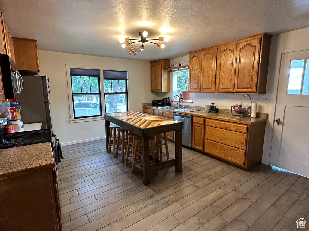 Kitchen with stainless steel appliances, light hardwood / wood-style flooring, plenty of natural light, and sink