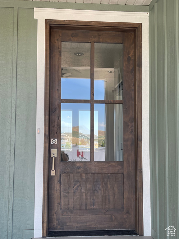 Entrance to property featuring a mountain view