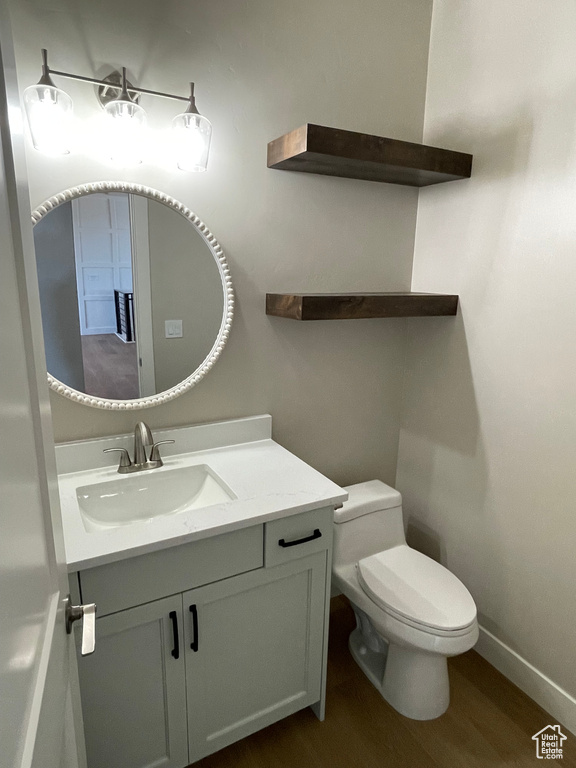 Bathroom with vanity, wood-type flooring, and toilet