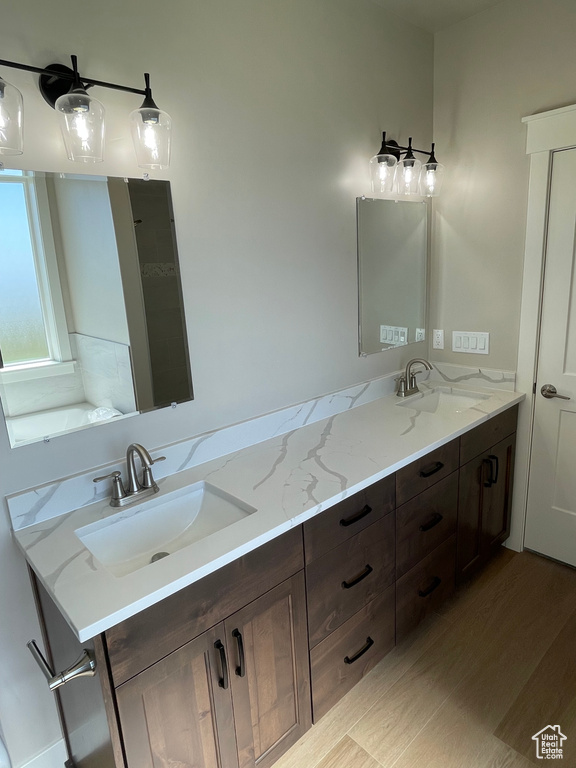 Bathroom with vanity and wood-type flooring