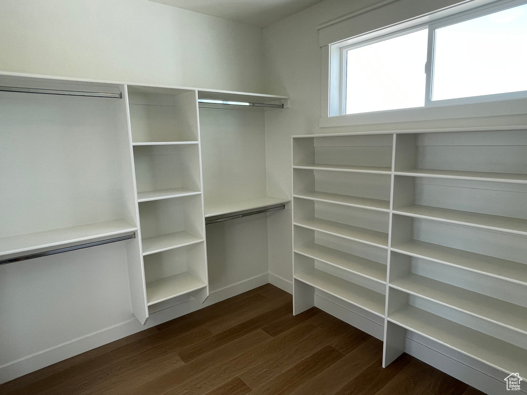 Walk in closet featuring dark wood-type flooring