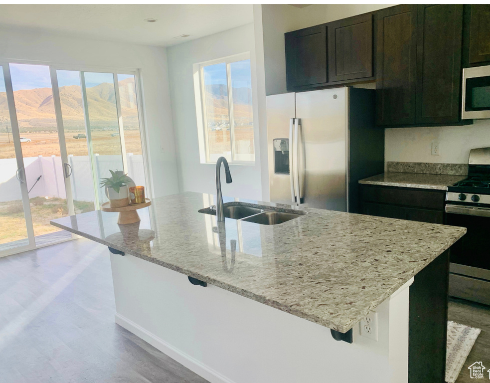 Kitchen featuring light stone countertops, appliances with stainless steel finishes, sink, a mountain view, and an island with sink