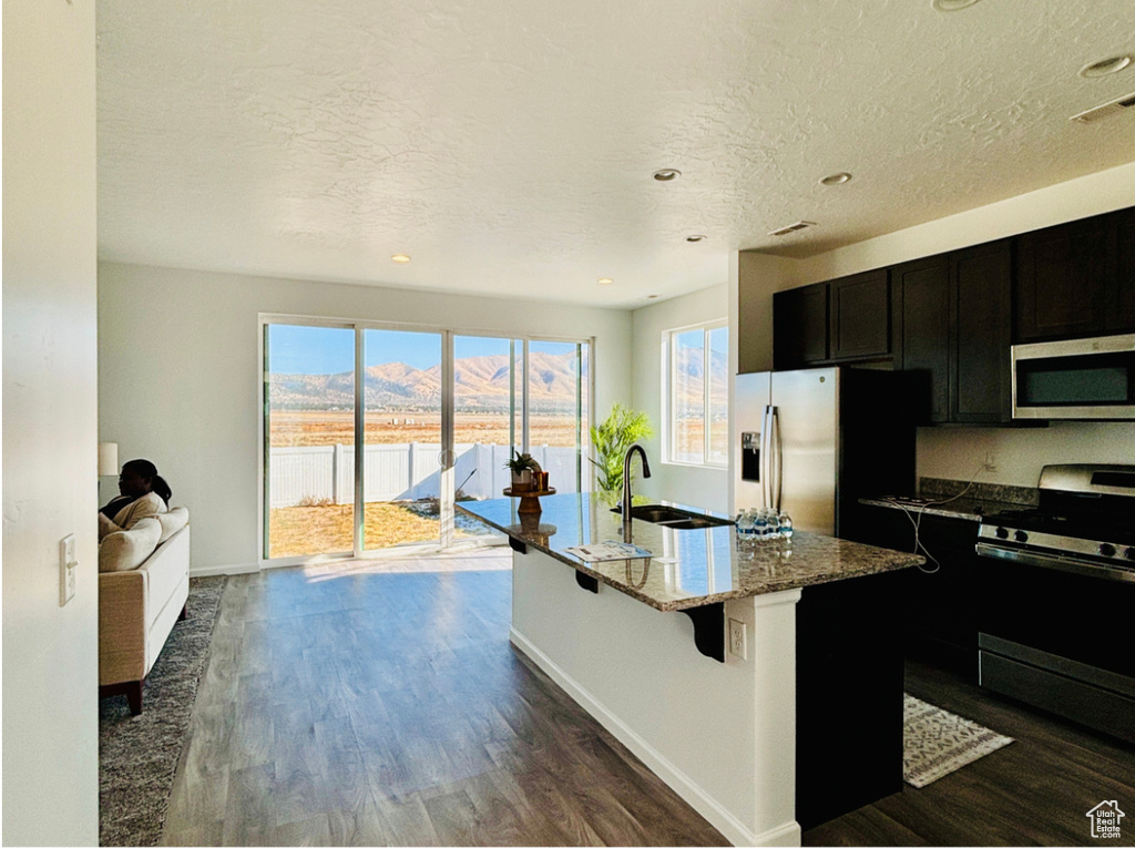 Kitchen with light stone countertops, stainless steel appliances, a mountain view, a kitchen bar, and a kitchen island with sink