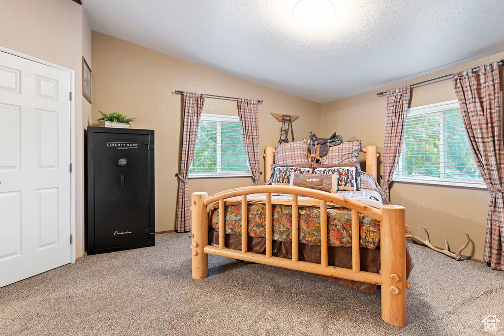 Bedroom featuring carpet flooring and lofted ceiling