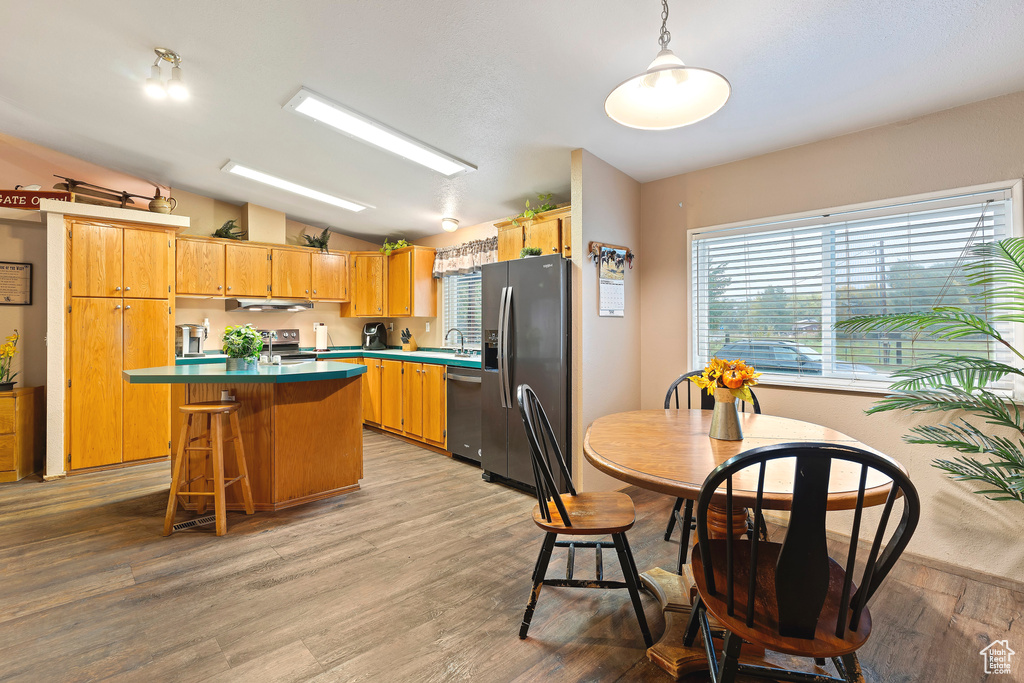 Kitchen featuring stainless steel appliances, decorative light fixtures, light hardwood / wood-style floors, a kitchen island, and lofted ceiling