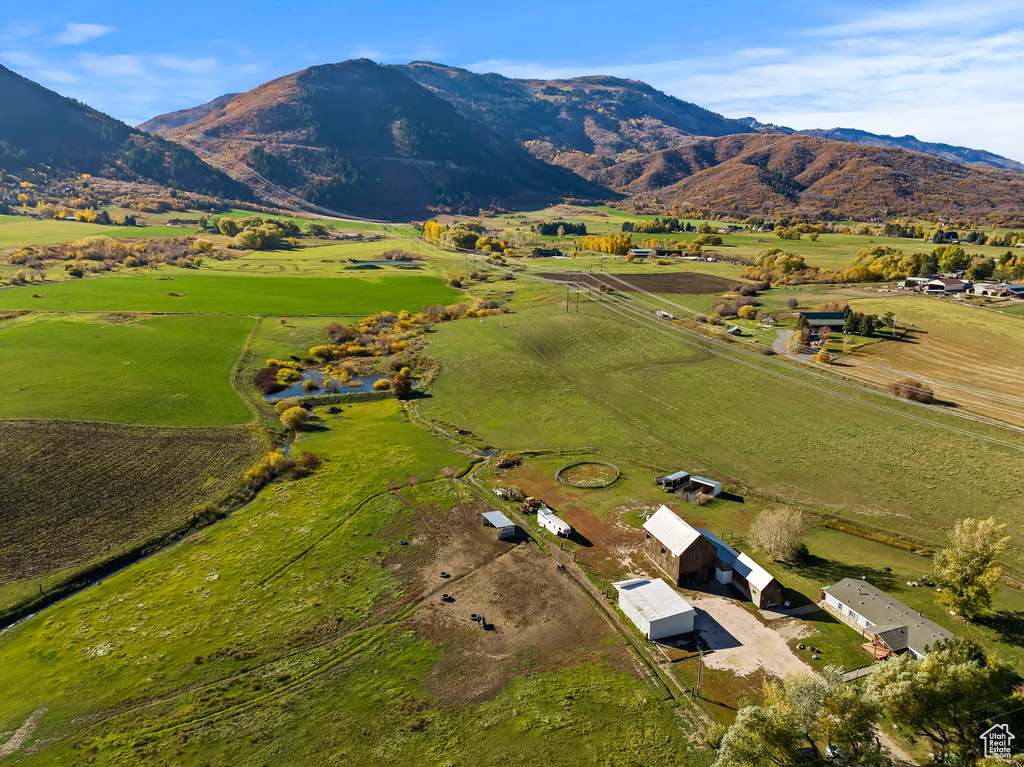 Aerial view featuring a mountain view and a rural view