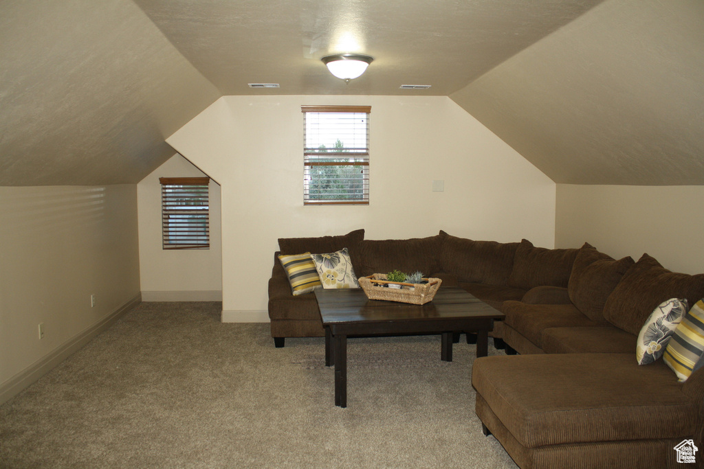 Living room featuring a textured ceiling, light carpet, and lofted ceiling