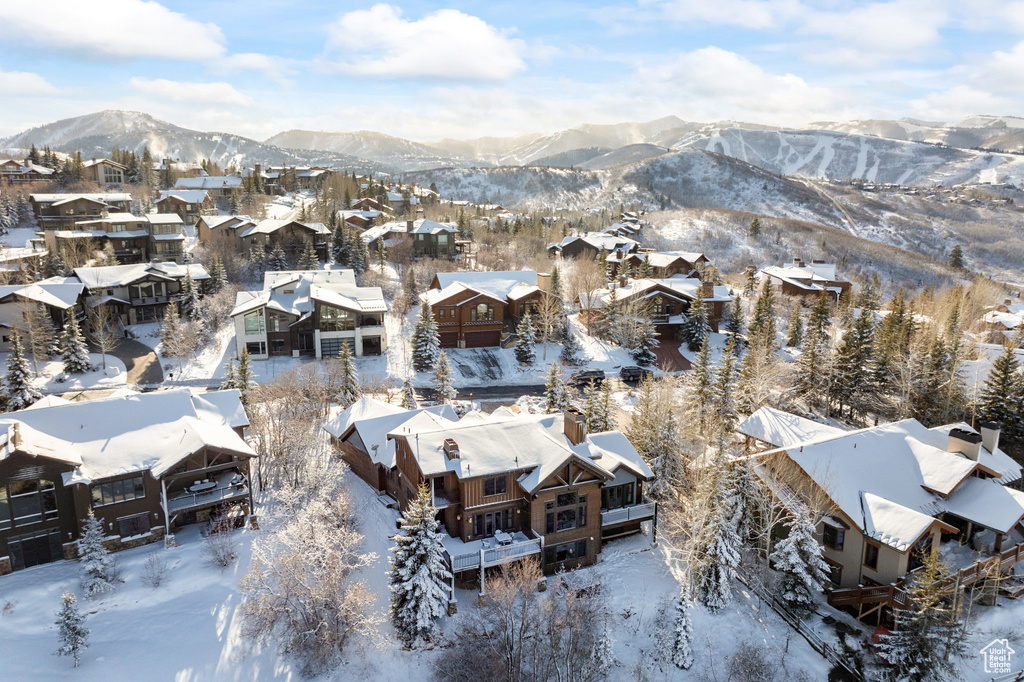 Snowy aerial view featuring a mountain view