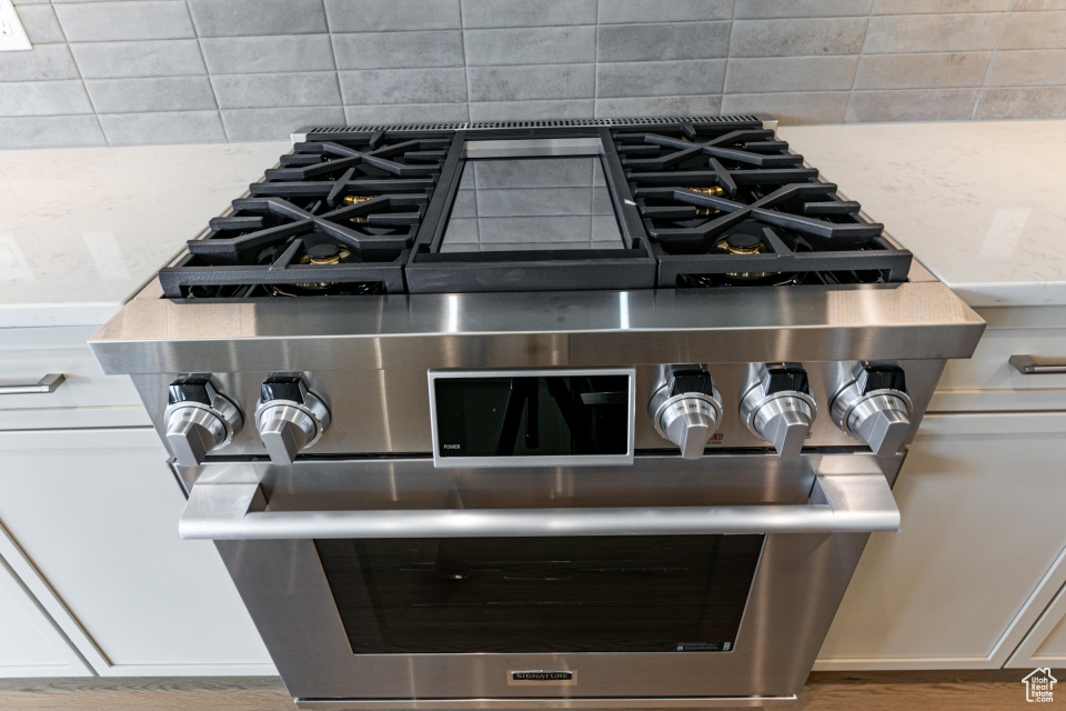Interior details with tasteful backsplash, light stone countertops, and high end range