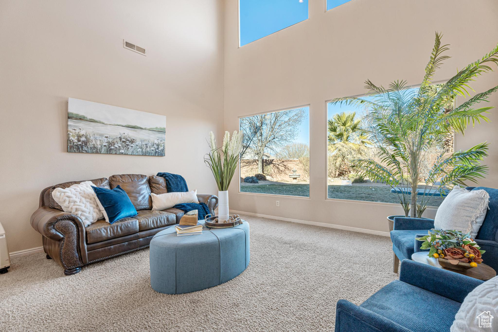 Living room with carpet and a towering ceiling