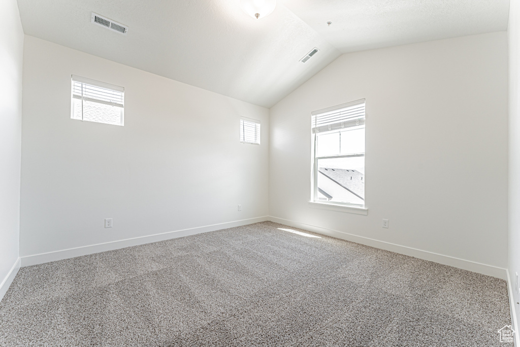 Carpeted empty room featuring plenty of natural light, baseboards, and vaulted ceiling