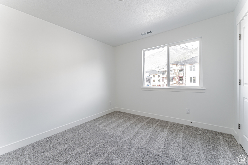 Carpeted spare room featuring baseboards and a textured ceiling