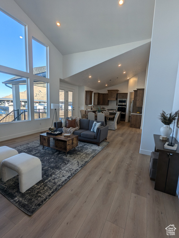 Living room featuring high vaulted ceiling and light hardwood / wood-style flooring