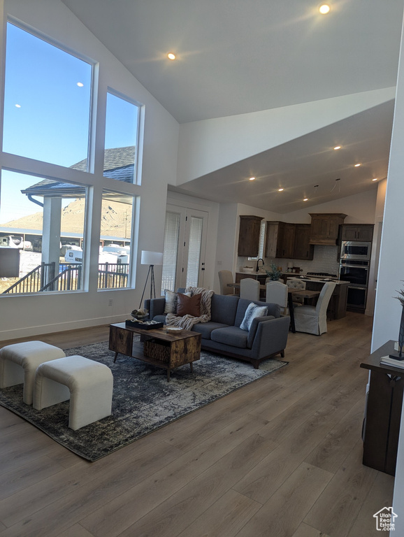 Living room with wood-type flooring and high vaulted ceiling