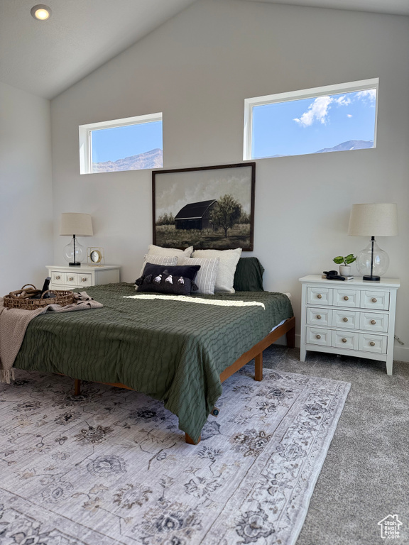 Carpeted bedroom with recessed lighting and lofted ceiling
