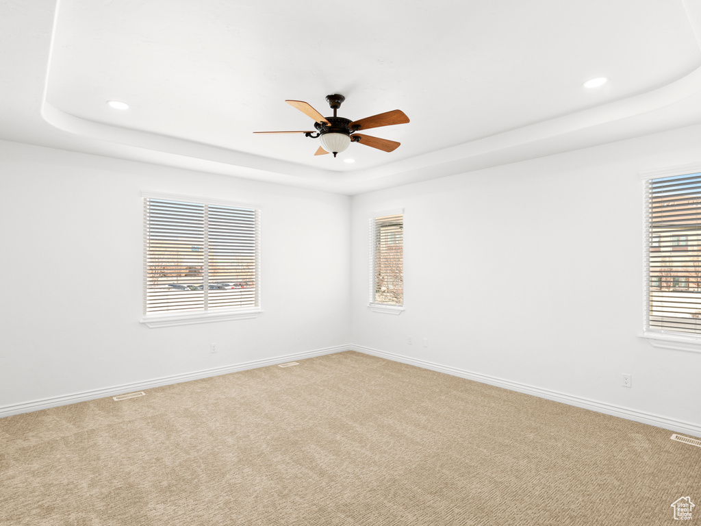 Carpeted spare room featuring a raised ceiling, ceiling fan, and plenty of natural light