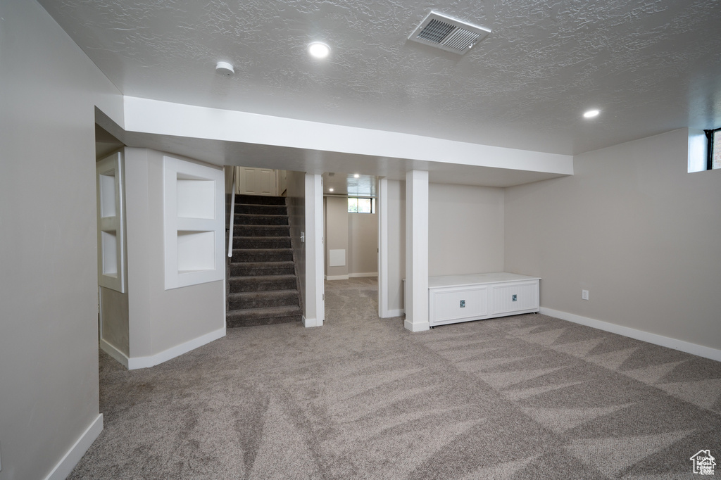 Basement featuring light carpet, built in shelves, and a textured ceiling