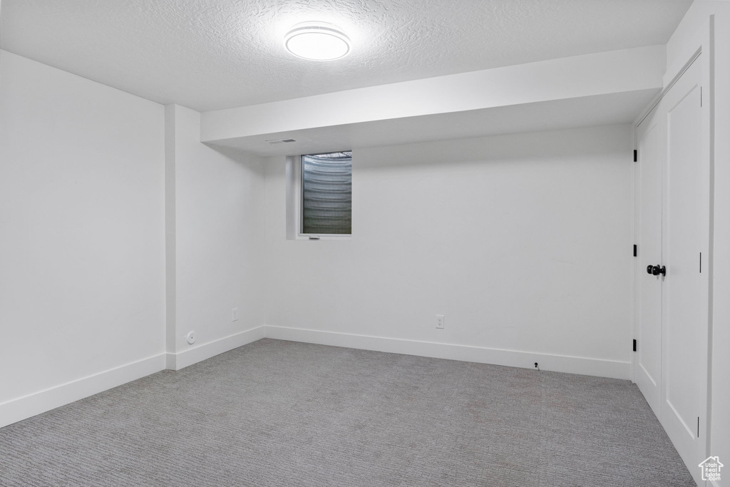 Basement featuring light colored carpet and a textured ceiling