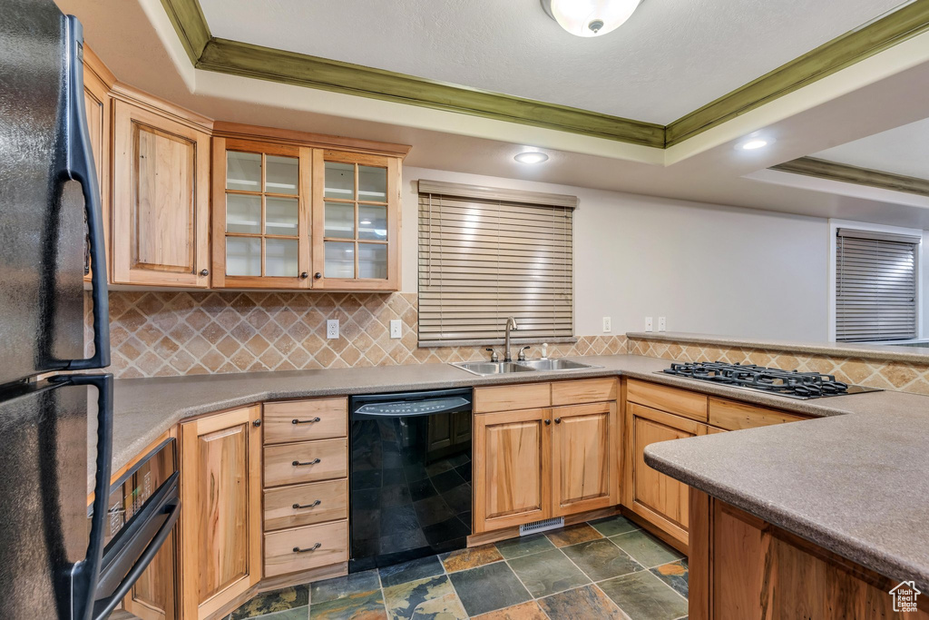 Kitchen featuring black appliances, decorative backsplash, sink, and a tray ceiling