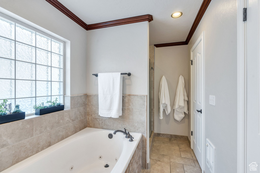 Bathroom with shower with separate bathtub and ornamental molding