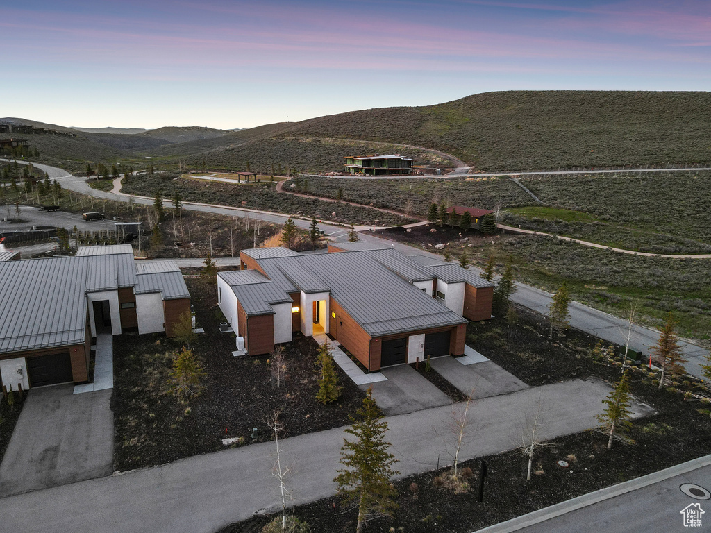 Aerial view at dusk of a mountain view