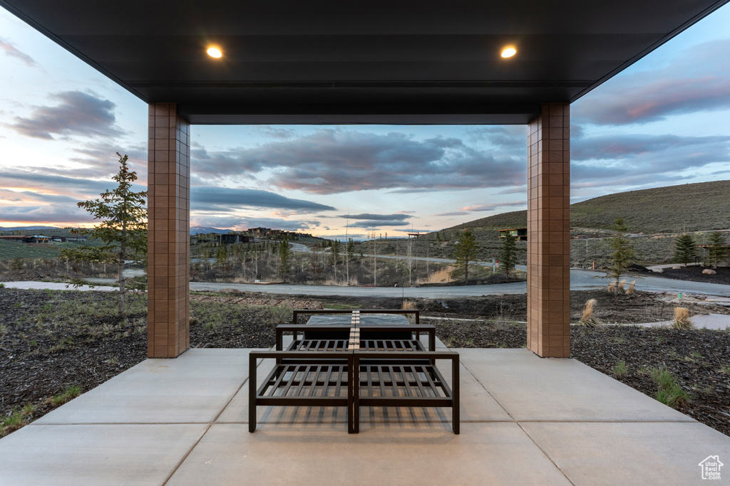 View of patio / terrace featuring a mountain view