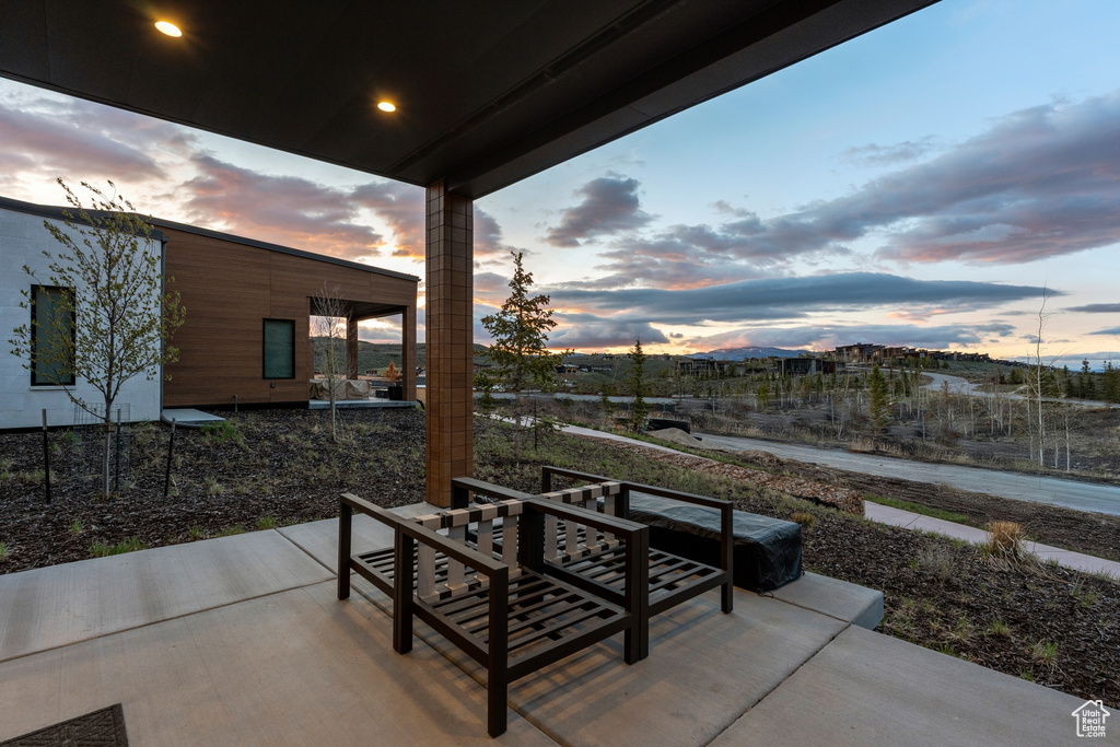 View of patio terrace at dusk