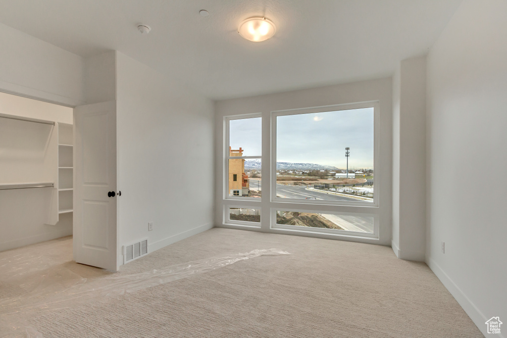 Unfurnished bedroom featuring carpet flooring and a spacious closet
