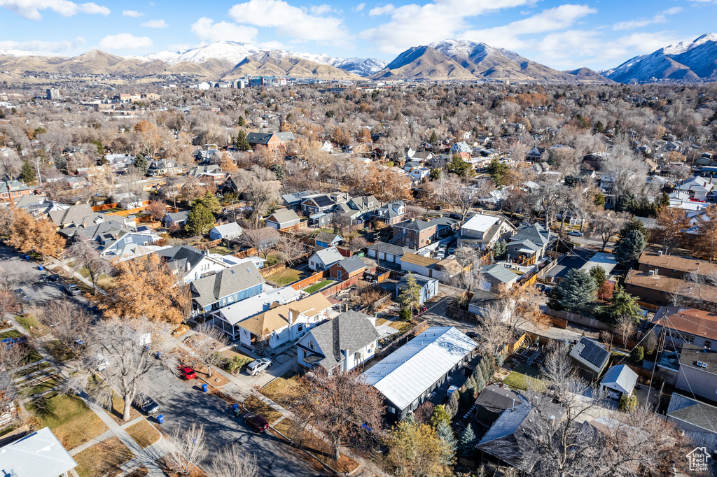 Birds eye view of property with a mountain view