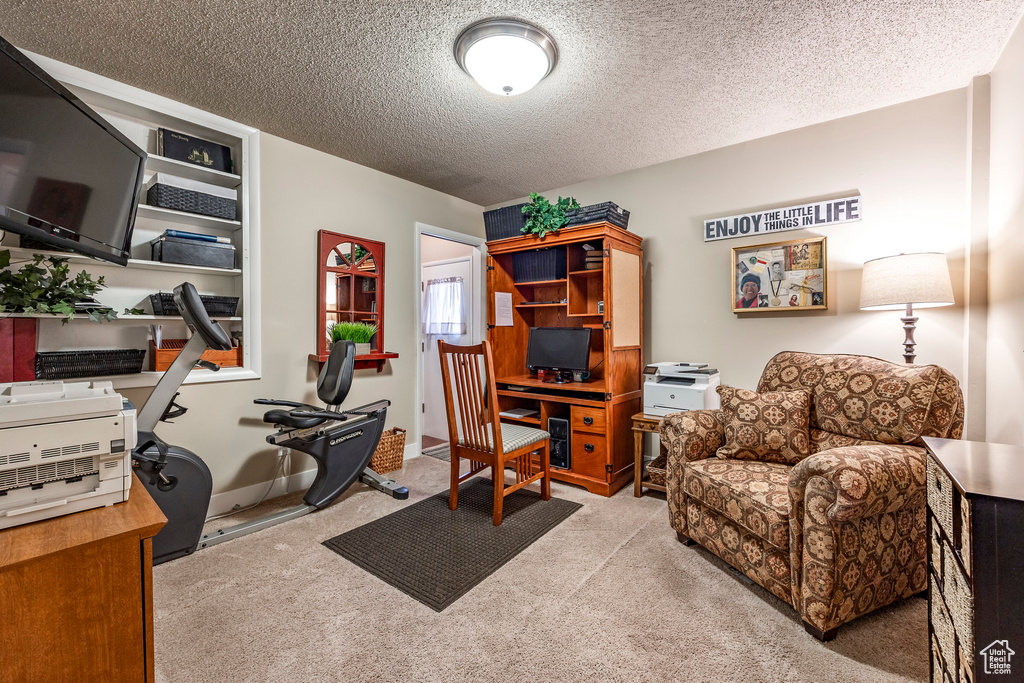 Home office with carpet and a textured ceiling