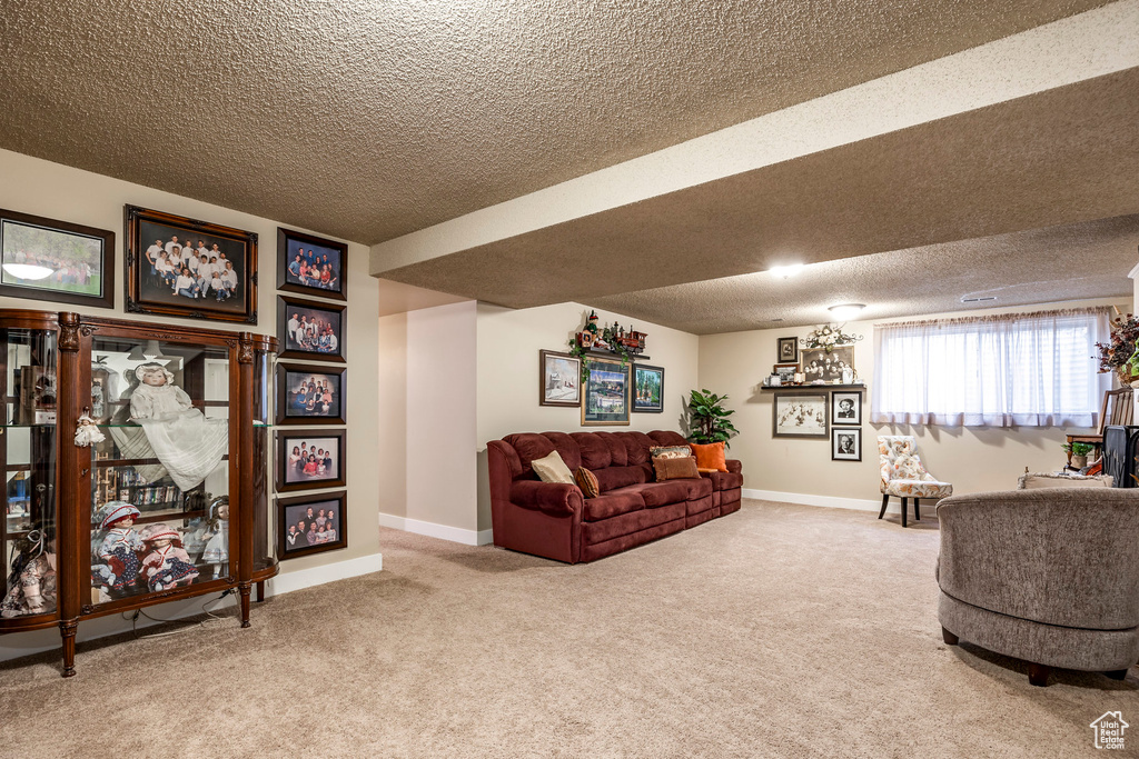 Carpeted living room featuring a textured ceiling and baseboards