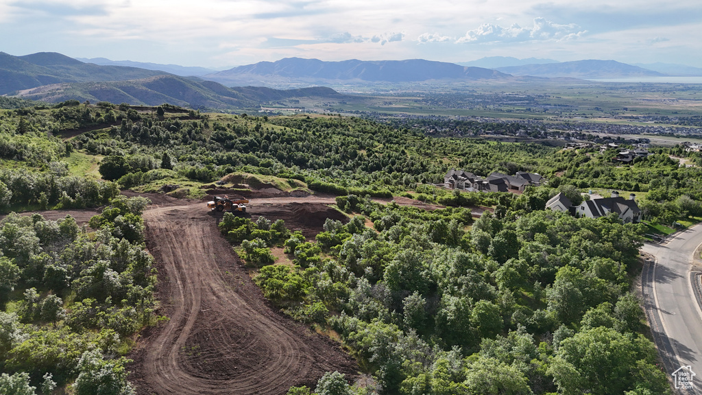 Bird's eye view featuring a forest view and a mountain view