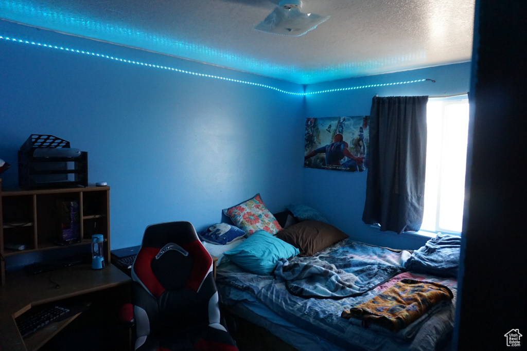 Bedroom featuring multiple windows and a textured ceiling
