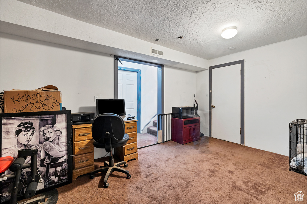 Carpeted home office with a textured ceiling