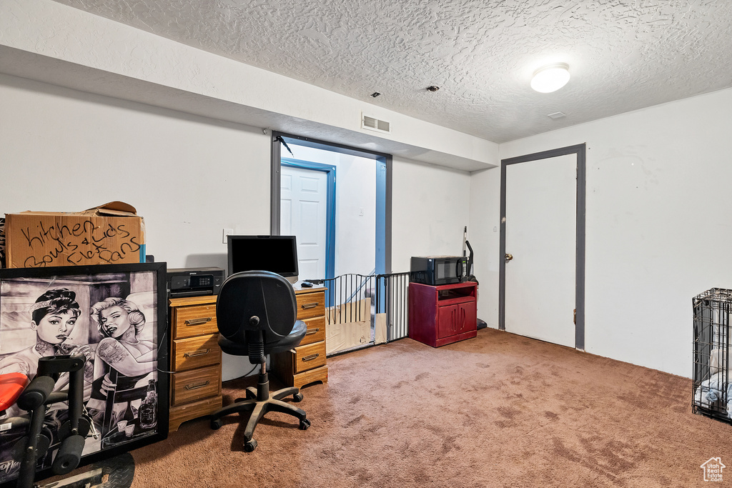 Carpeted office with a textured ceiling