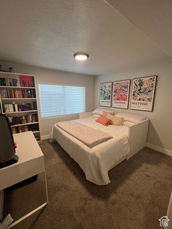 Carpeted bedroom featuring a textured ceiling